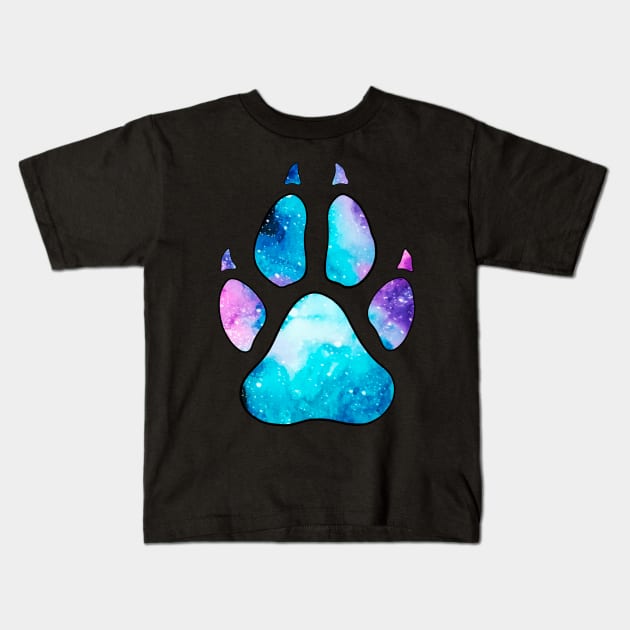 Watercolor Galaxy Wolf Paw Print Kids T-Shirt by Lady Lilac